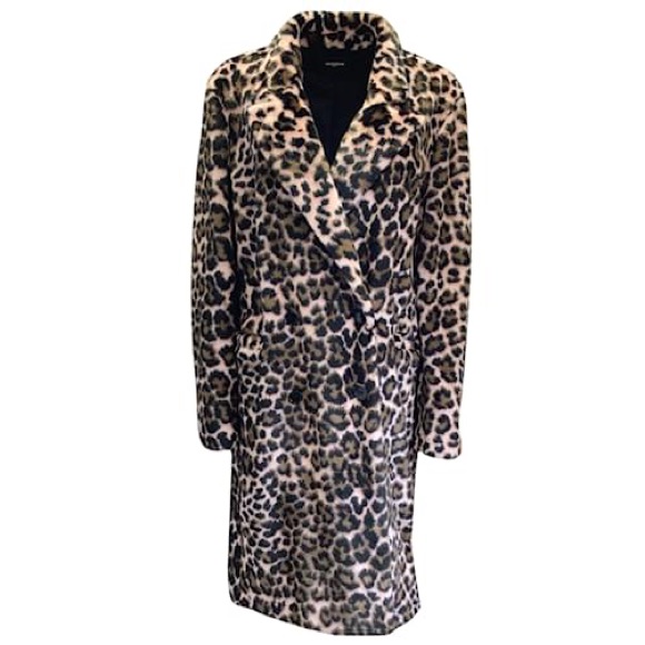 The Kooples Pink Brown Black Double Breasted Leopard Printed Faux Fur Coat